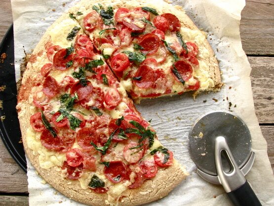 Post image for Grain Free Thick Crust Pizza (Gluten/Dairy/Soy Free with directions to make Egg Free.)