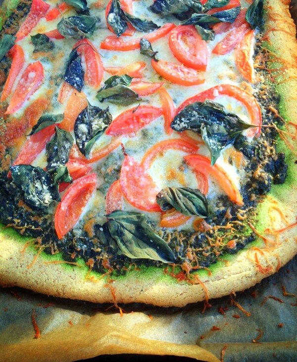 Post image for Grain Free Pesto Pizza. (with directions to make with Raw Cheese, Goat Cheese or Dairy free)
