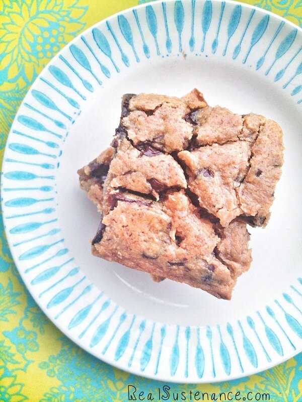 Post image for Peanut Butter Chocolate Chunk Blondies. (Gluten/Grain/Egg/Dairy Free with directions to make Sugar Free.)