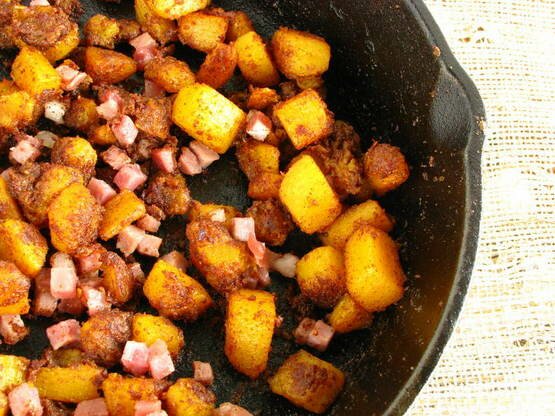 Post image for Butternut Squash Hash Browns with cubed Pancetta.